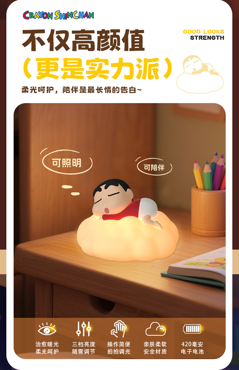 蜡笔小新云梦之境小夜灯卧室床头伴睡氛围灯摆件搪胶创意拍拍夜灯详情3