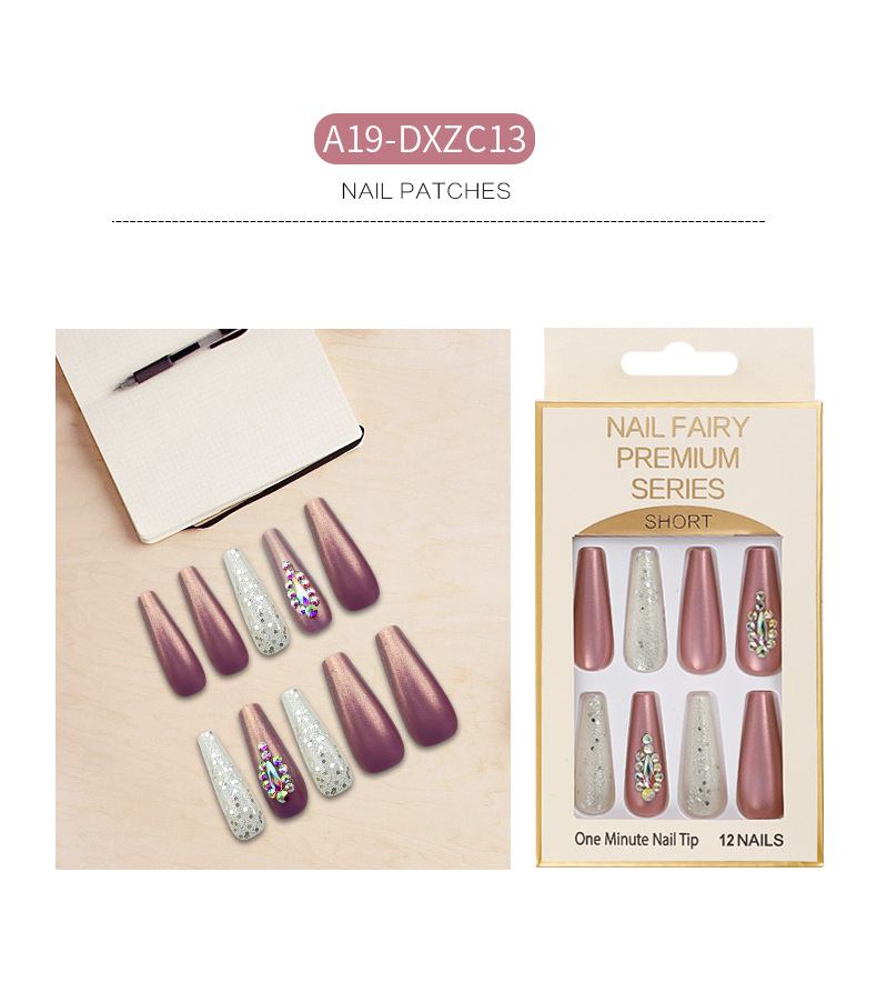 Cross-border long T-shaped false nail, glitter and sequin nail art, colorful artificial rhine-dotted ballet nail, wearable nail wholesale pic 10