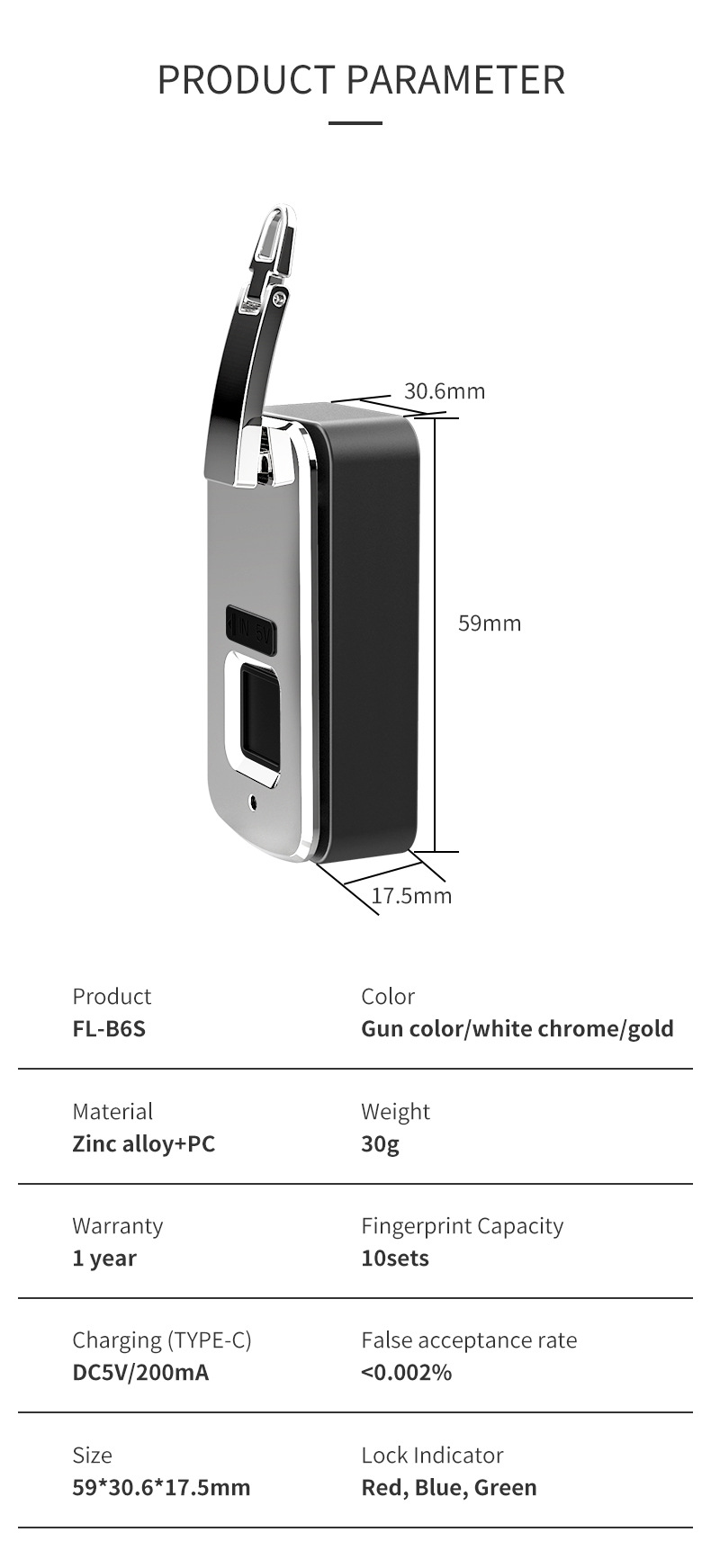 Embedded Smart and Chargeable Fingerprint Lock for  Handbag详情7