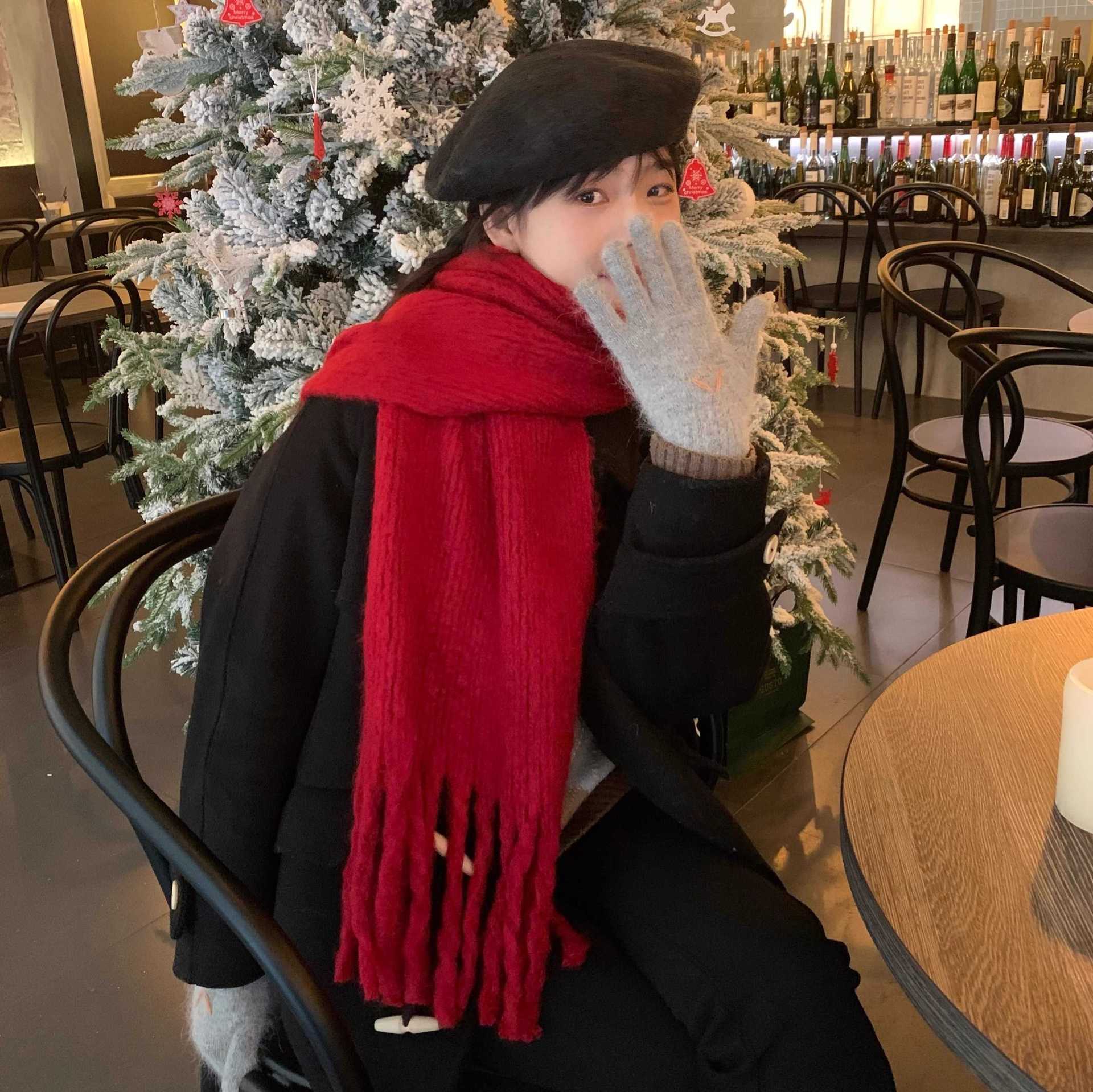 A thickened, solid-colored knitted tassel scarf scarf with a strong sense of Chinese trend atmosphere for women in the Korean winter couple pic 5
