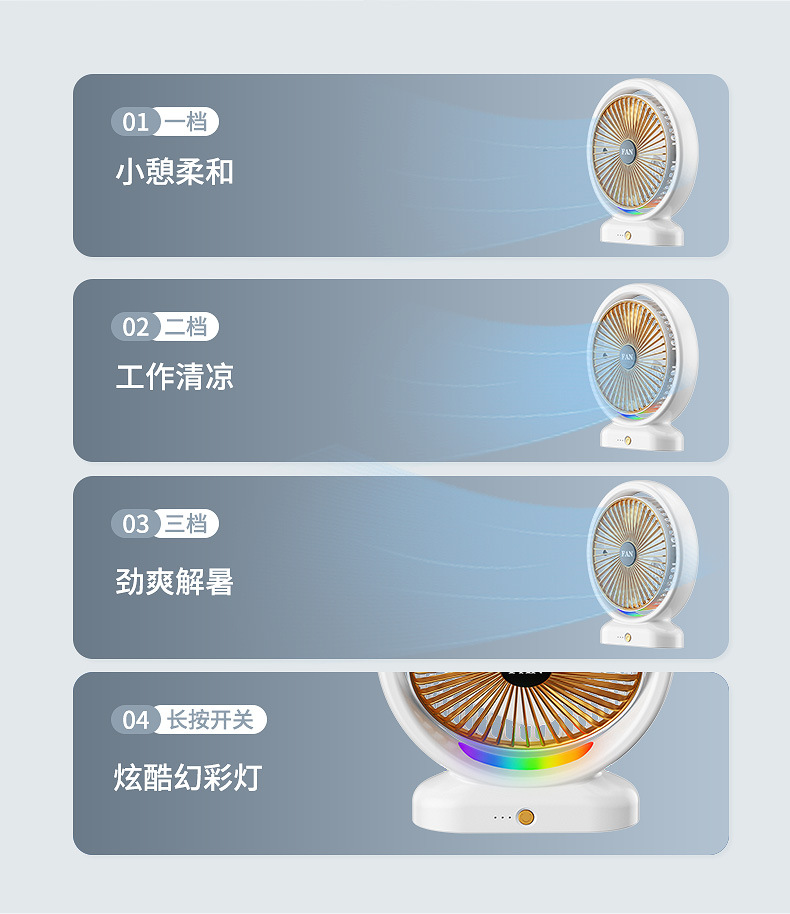 新款幻彩跑马灯光桌面风扇家用办公户外学生送礼便携式usb充电详情9