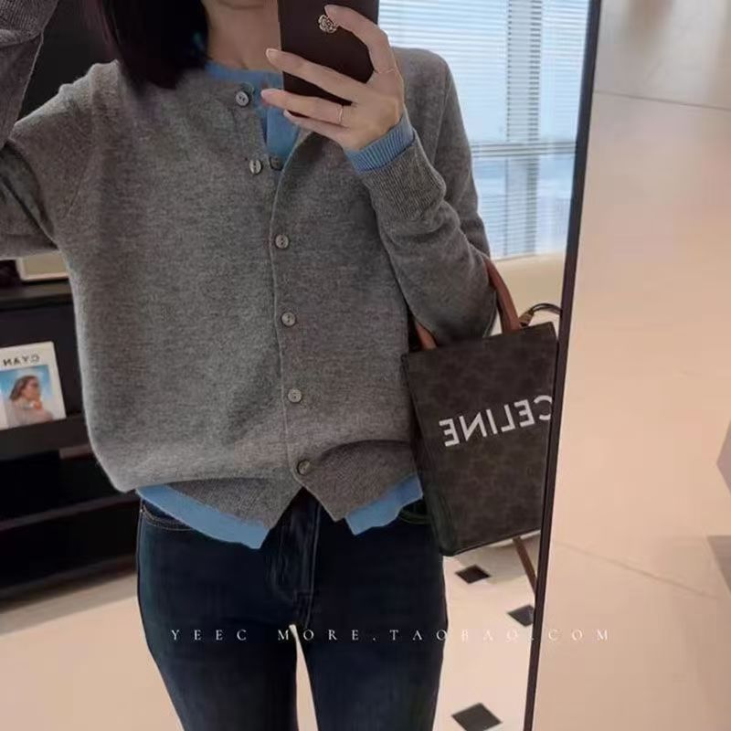 100%羊毛衫韩系拼色女高级慵懒风假两件圆领针织开衫叠穿毛衣外套详情15