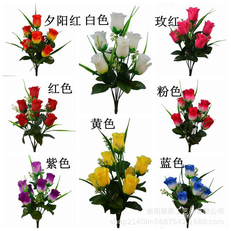 照屏仿真花厂家批发仿真玫瑰花仿真绢花七头春蕾把花小假花花束详情7