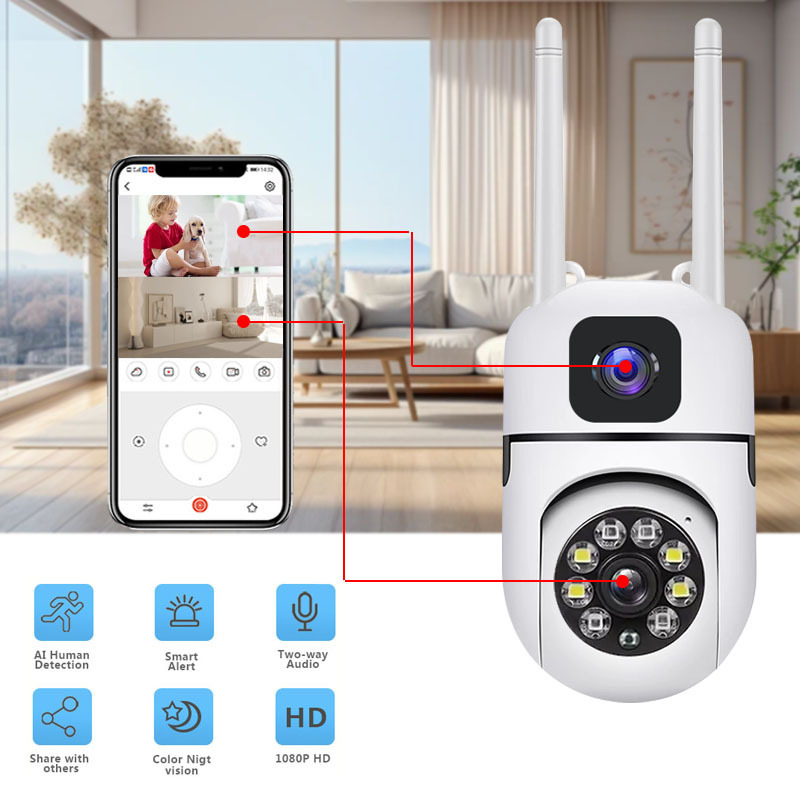 The new indoor high-definition dual-lens dual-screen gun-ball linkage surveillance camera features 360° rotation and two-way voice control pic 1