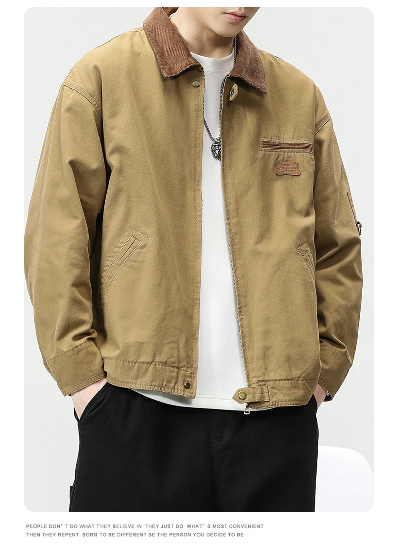 沐丘男装∣潮牌山系户外翻领宽松工装夹克男高级感珠帆布美式外套详情6