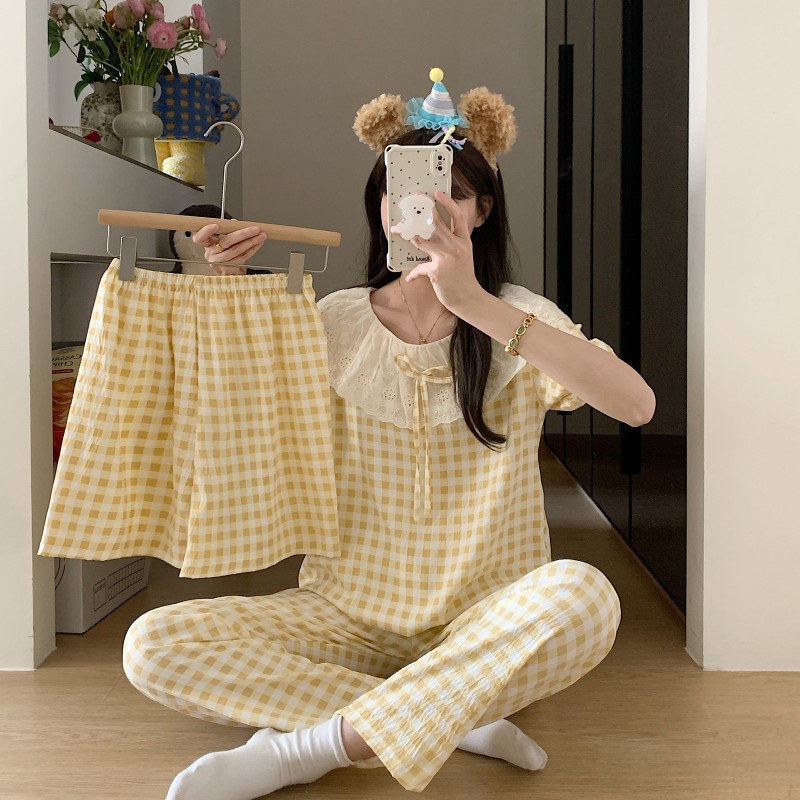 跨境外贸爆款三件套睡衣女短袖短裤长裤甜美大翻领蕾丝花边家居服详情12