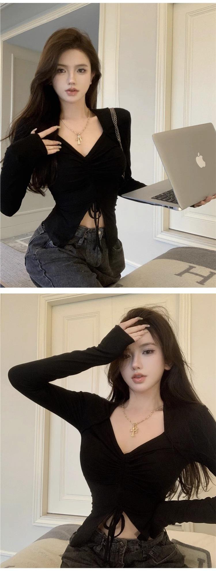 韩版新款辣妹v领长袖T恤女春秋性感抽绳纯欲打底衫上衣女一件代发详情6
