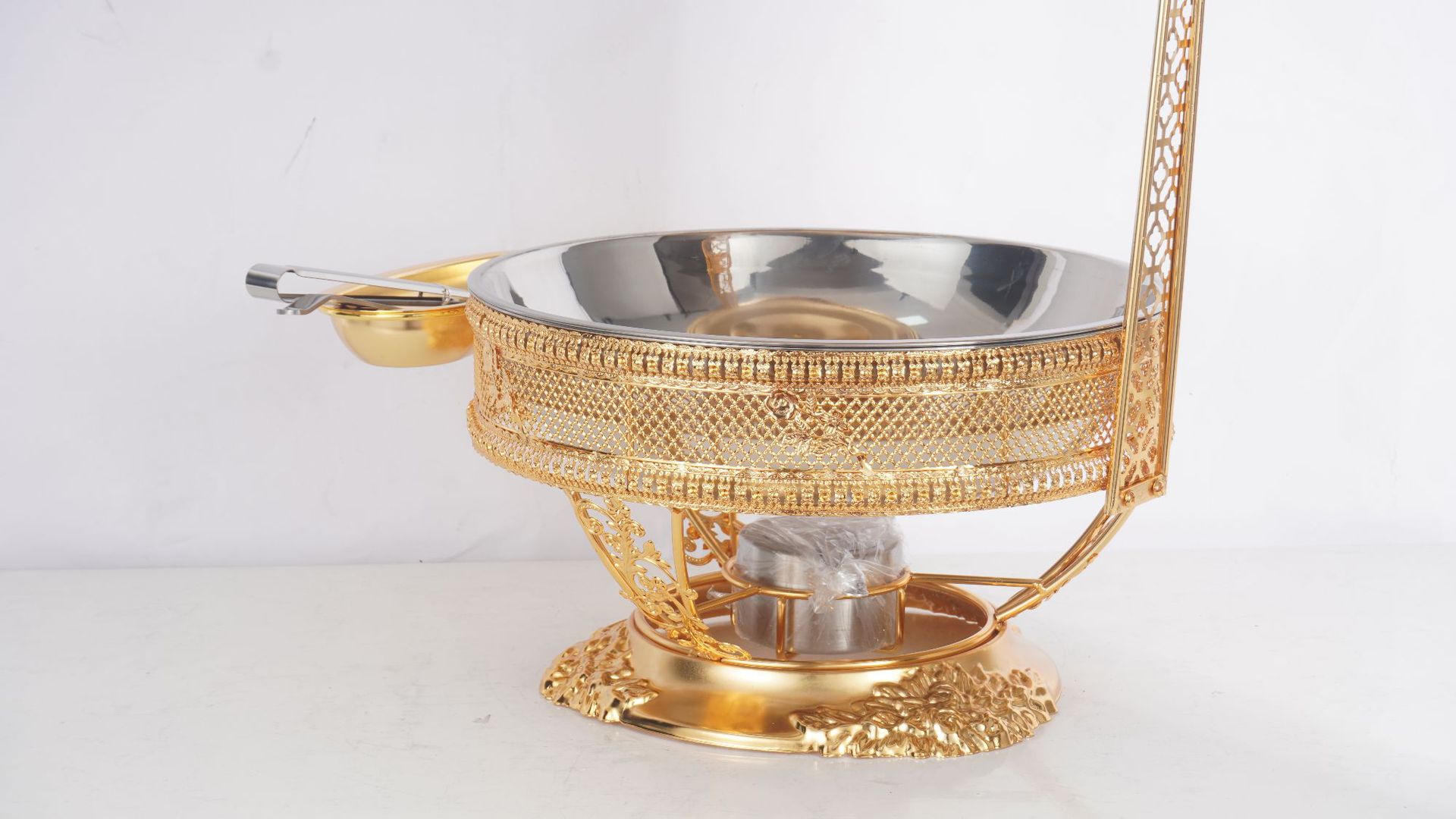 圆形豪华金色花边不锈钢酒精炉酒店餐厅自助餐炉可吊盖食物保温炉详情6