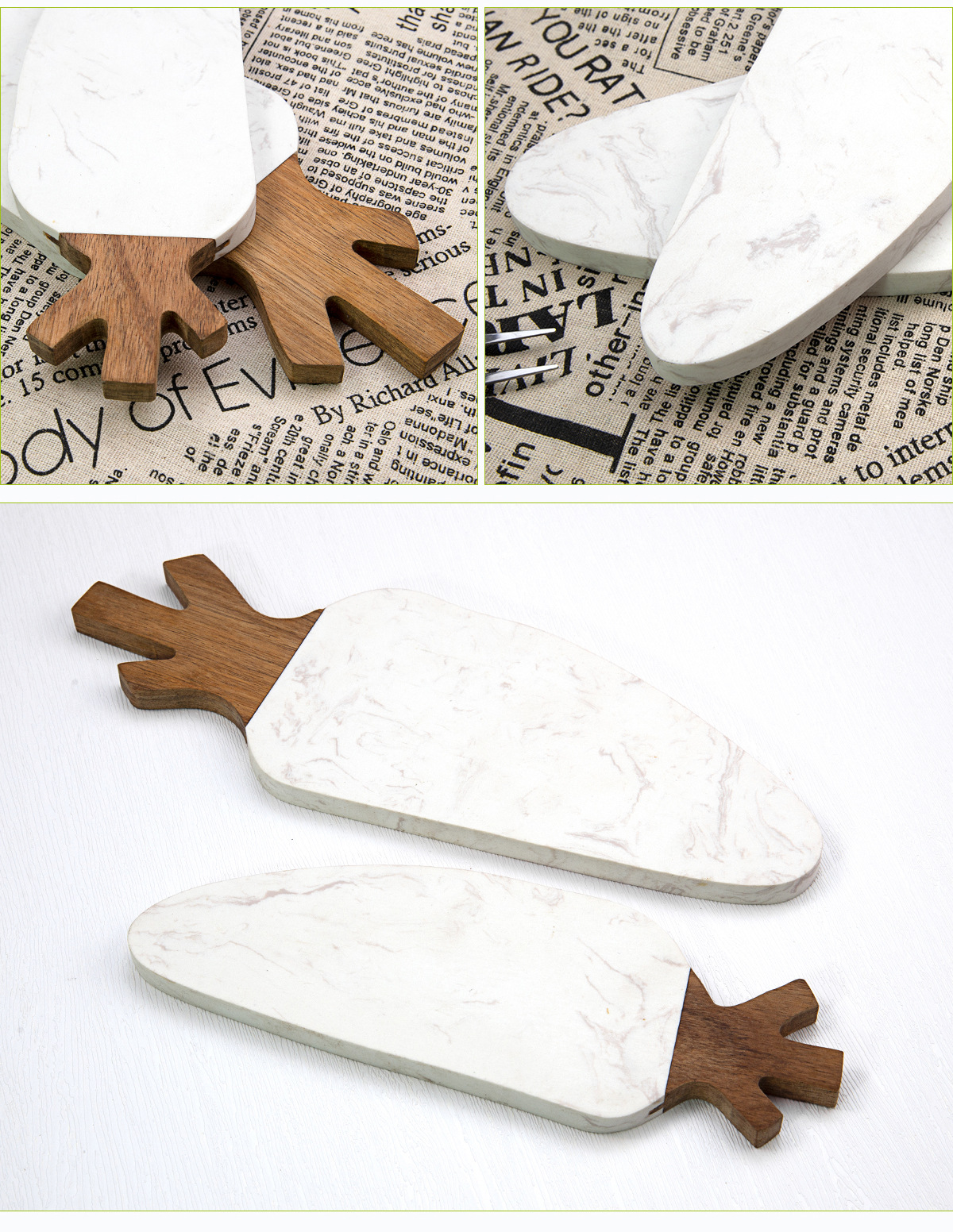 Custom-made white marble cutting board in the shape of radish, creative design of acacia wood splicing plating and cutting board, cheese cutting board pic 6