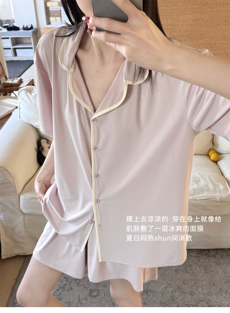 A two-piece set of casual wear for women in the original color ice leather, a summer pajama set with a cool and contrasting color, featuring new short-sleeved shirts and shorts pic 17