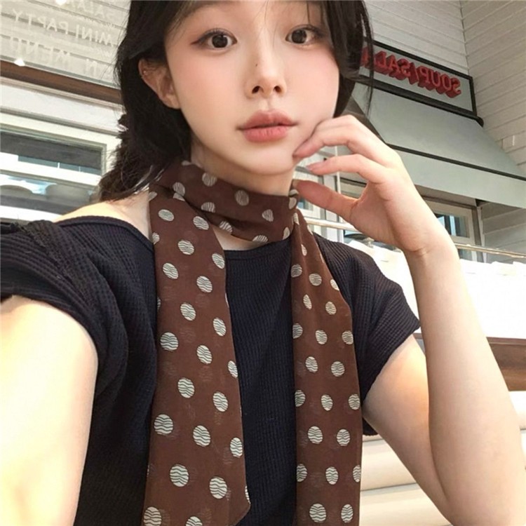 Brown polka dot silk scarf print, a high-end and versatile accessory for women, a 2025 new style hair band long scarf for tying hair pic 2