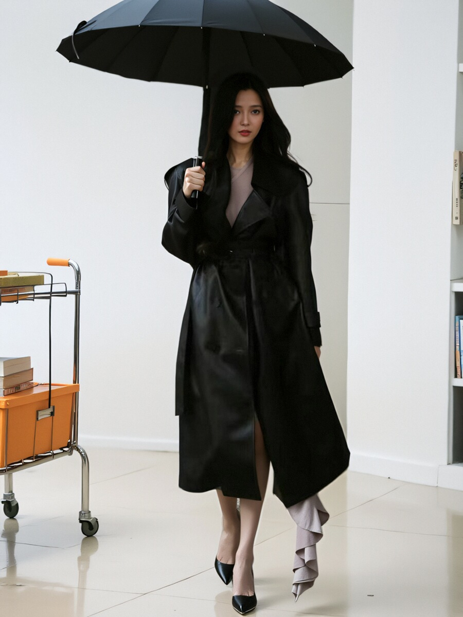 杨超越同款外贸黑色风衣女高级感2024新款长款高个子PU皮外套大衣详情2