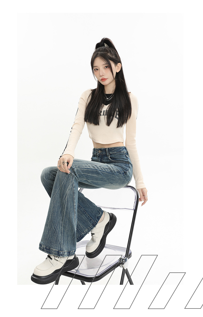 Retro distressed slightly flared jeans for women, new American high-waisted, slimming and form-fitting hoof-shaped pants for spring 2025 pic 12