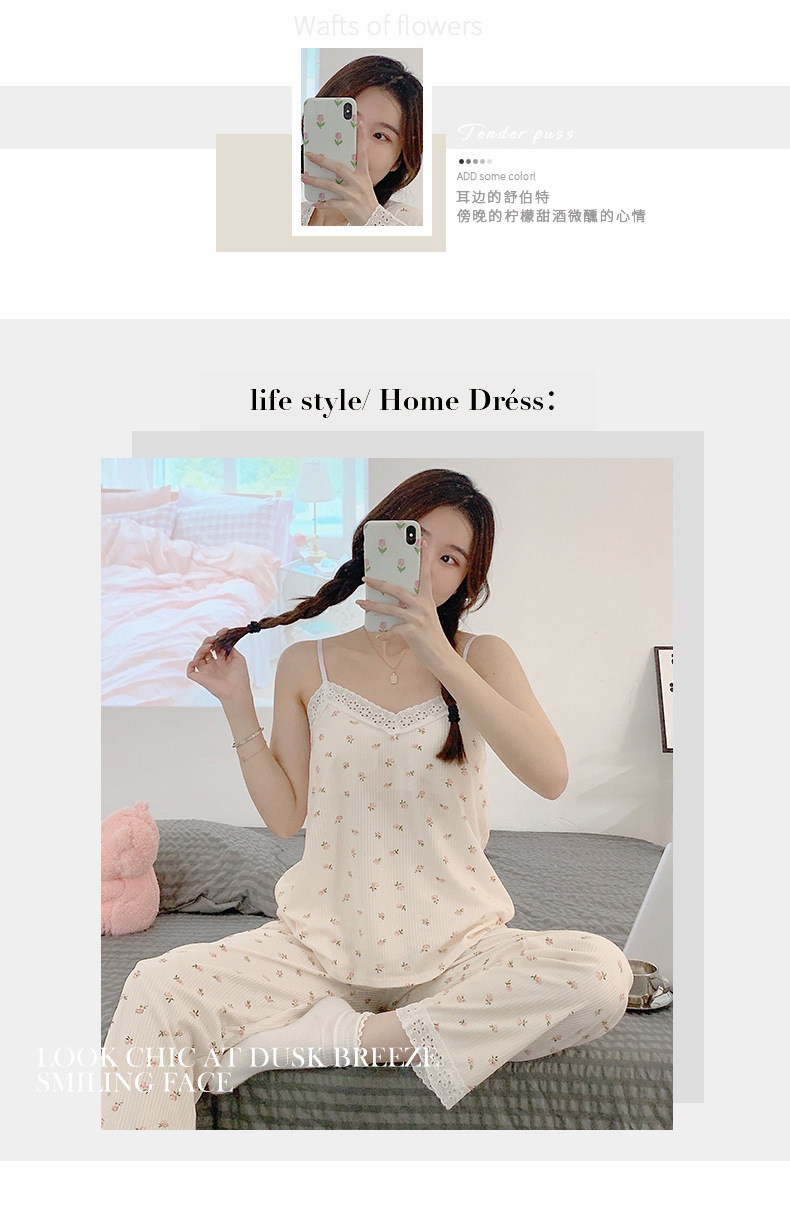 New spring and autumn pajamas for women with breast pads, sexy halter tops, long-sleeved shirts and long pants, three-piece set, lace floral home wear pic 4