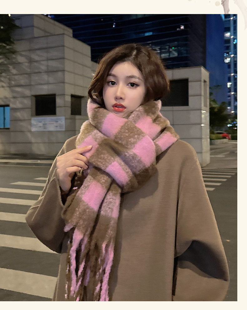 时尚韩版格子仿羊绒围巾冬季保暖加厚撞色彩色学生情侣围脖长巾详情10