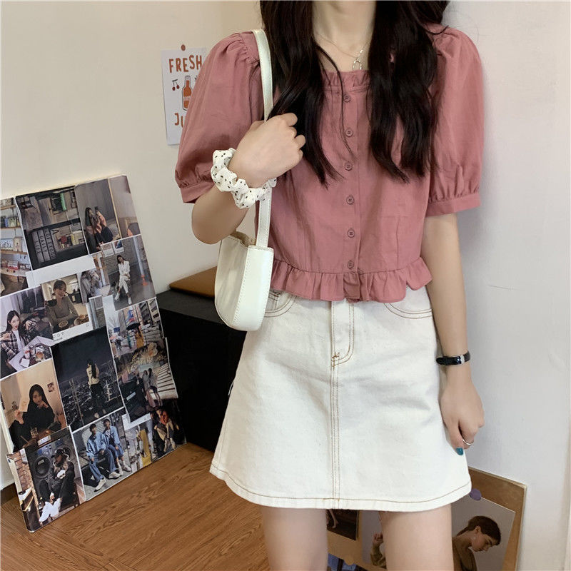 短袖衬衫女设计感小众夏季法式甜美减龄短款上衣方领小个子娃娃衫详情6