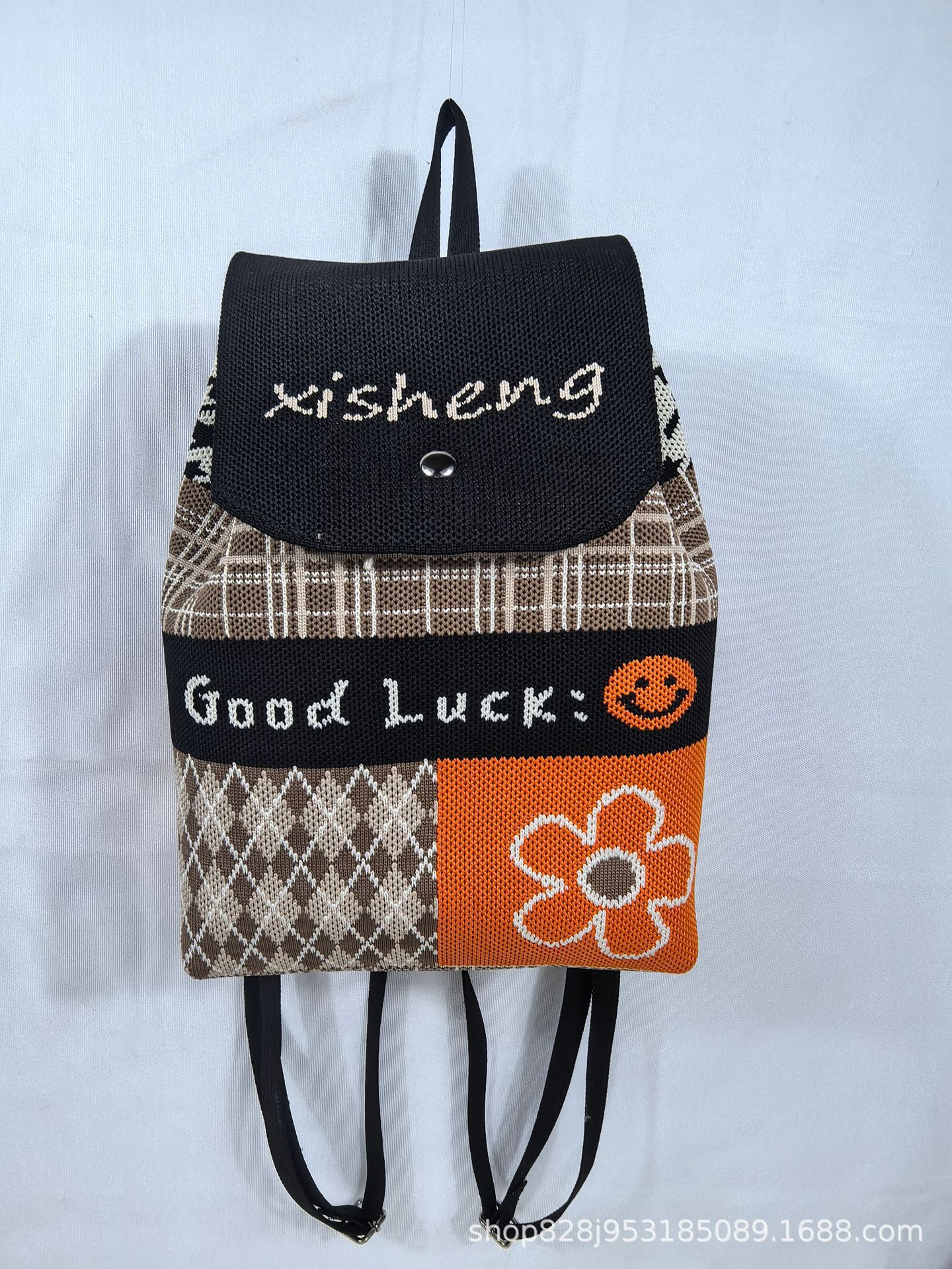 新款ins网红卡通便携通用百搭针织抽绳双肩包手拎包可编logo包包详情10