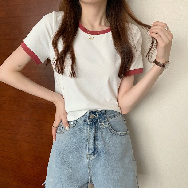 撞色圆领短袖t恤女2024年新款夏季打底衫韩版修身短款学生上衣潮详情21