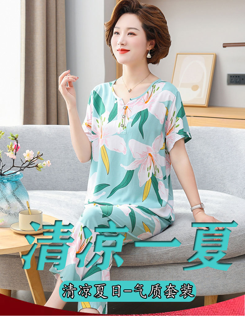 Cotton silk pajamas for women, summer short-sleeved suits, cotton silk for middle-aged and elderly mothers, large-sized artificial cotton home wear for women, suitable for wearing outside pic 2