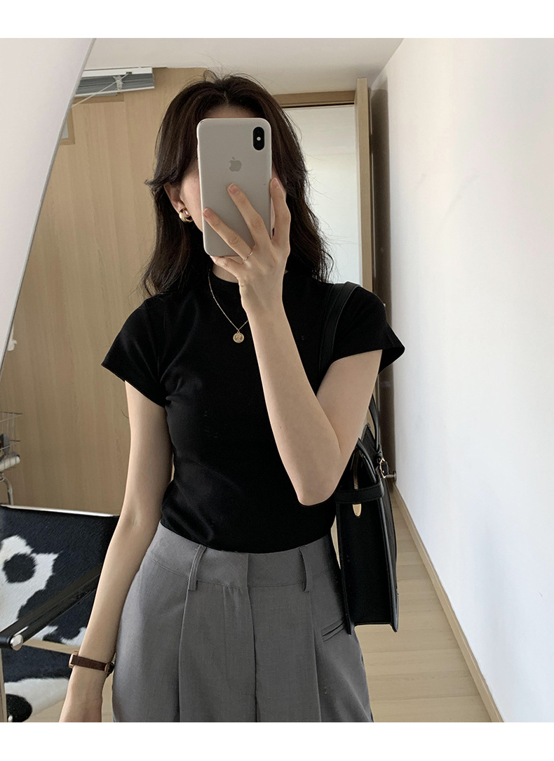 美式纯色正肩短袖t恤女2025ins潮牌辣妹圆领叠穿打底体恤修身显瘦详情35