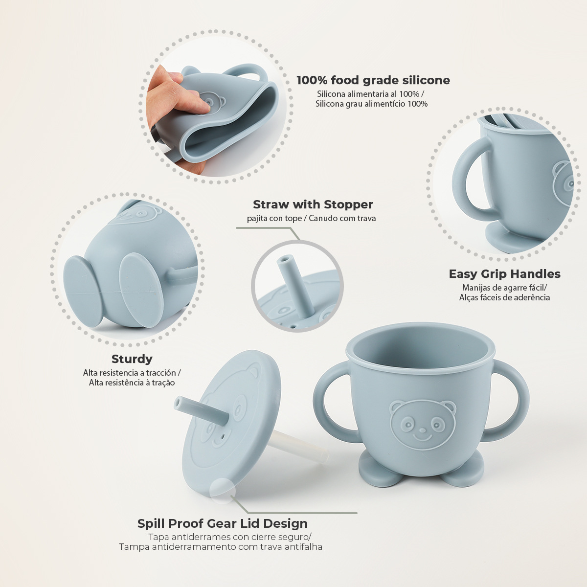 宝宝学饮杯食品级硅胶双耳吸管杯耐摔耐高温小熊猫杯子喂养水杯详情3