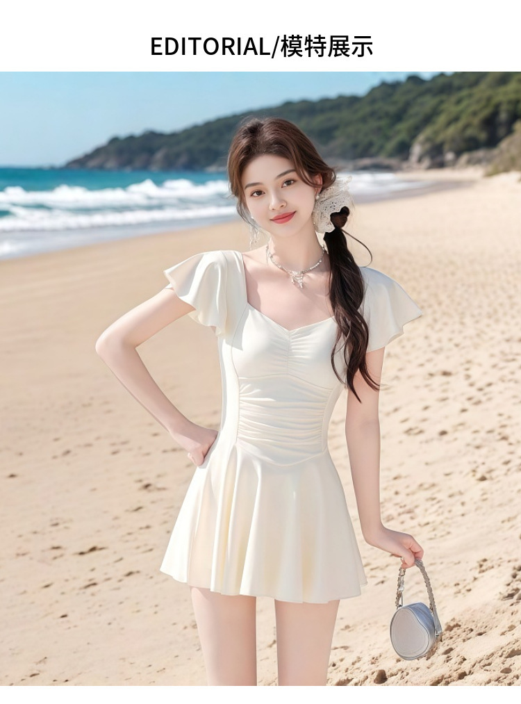 吊带连体泳衣女纯欲风高级感保守显瘦遮肉韩版少女温泉海边游泳衣详情7