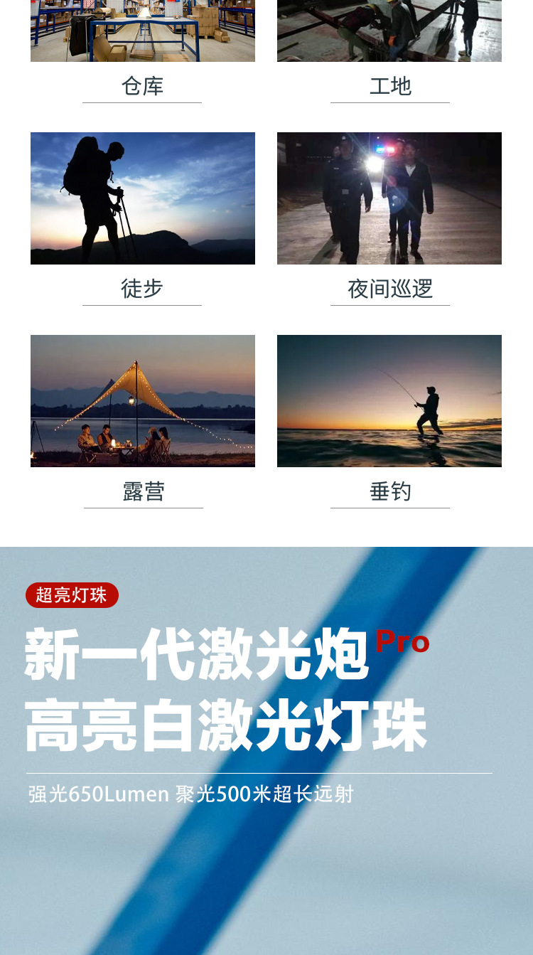 户外强光变焦白激光手电筒长续航6000毫安应急电量显示带cob侧灯详情2