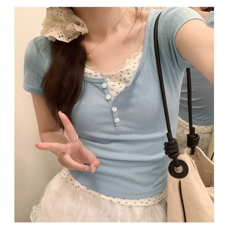 纯欲蕾丝正肩短袖T恤女夏季蓝色多巴胺bm假两件碎花修身短款上衣详情2