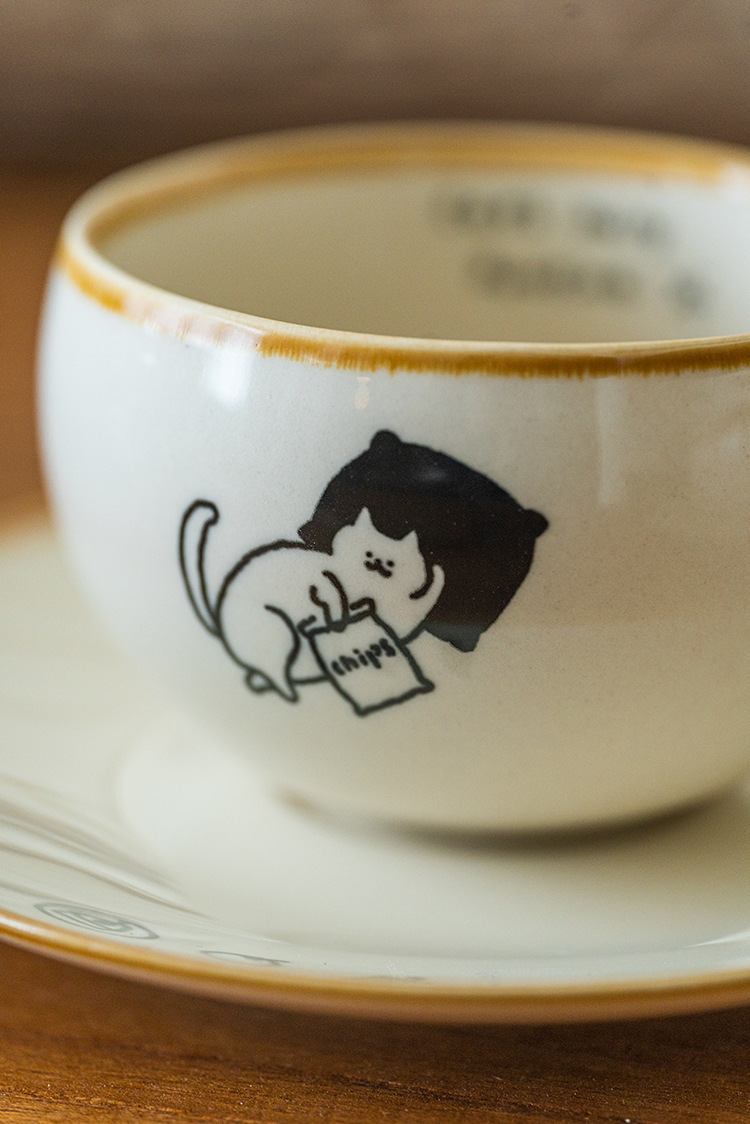可爱卡通治愈插画日式猫咪陶瓷咖啡杯碟下午茶拿铁拉花杯高级感咖啡具套装详情15