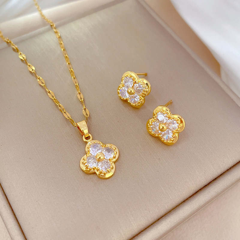 【钛钢】四叶花朵项链耳环套装轻奢微镶个性气质宴会耳饰项饰组合详情7