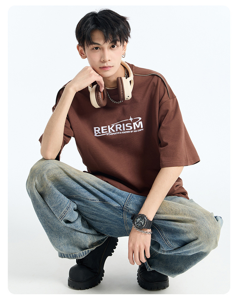 Heavy cotton short-sleeved T-shirt for men, Spring/Summer 2025, American letter print zipper design, loose and versatile base layer pic 12