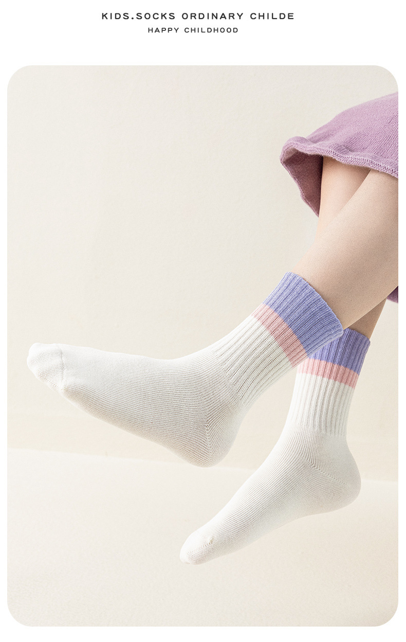 秋冬季新款拼色无骨袜简约中筒袜透气运动袜中大童A类纯棉女童袜详情13
