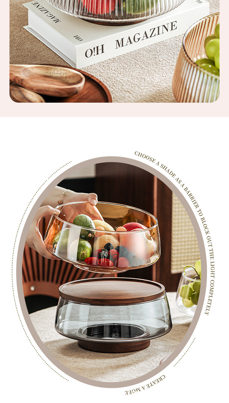 High-legged fruit bowl, living room coffee table, glass cold dish and fruit plate, acacia wood lid with fork, spoon and tongs, salad bowl, transparent box pic 8
