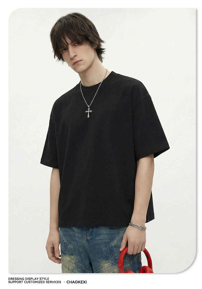 Summer new knitted patchwork color-blocking collar 100% cotton short-sleeved American trendy brand versatile short T-shirt top for men pic 12