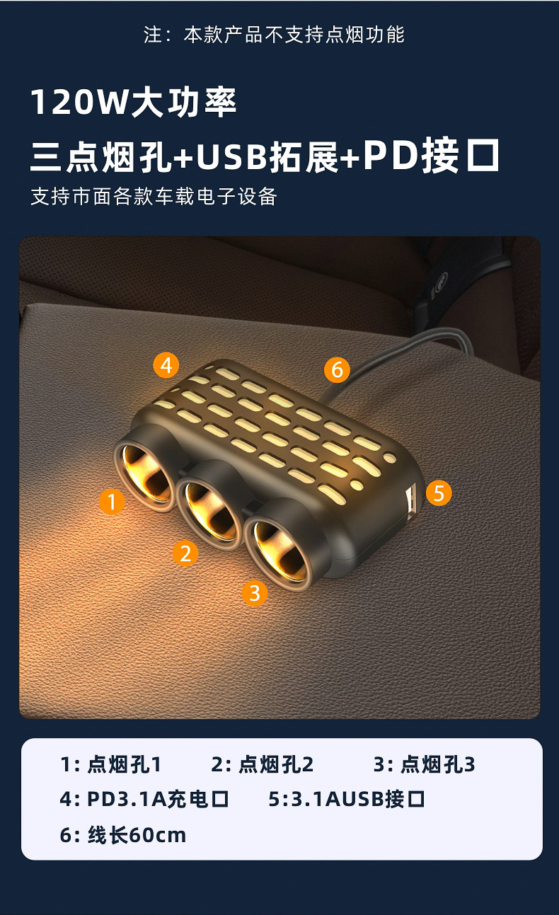 车载点烟器一拖三车载快充七彩氛围灯汽车转换器一分三双USB插口详情3