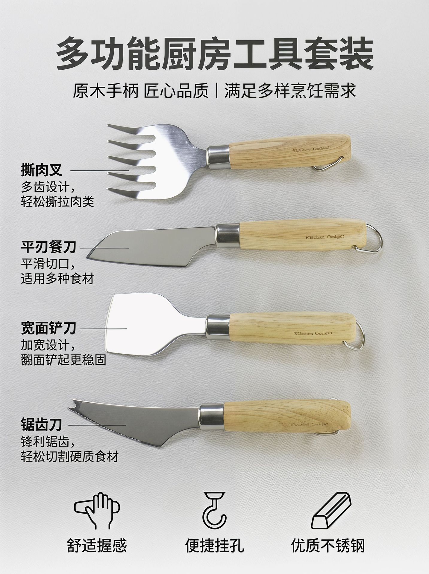 Wooden handle stainless steel cheese spatula, cheese knife, pizza knife, steak knife, meat tearing fork, kitchen baking tools pic 6