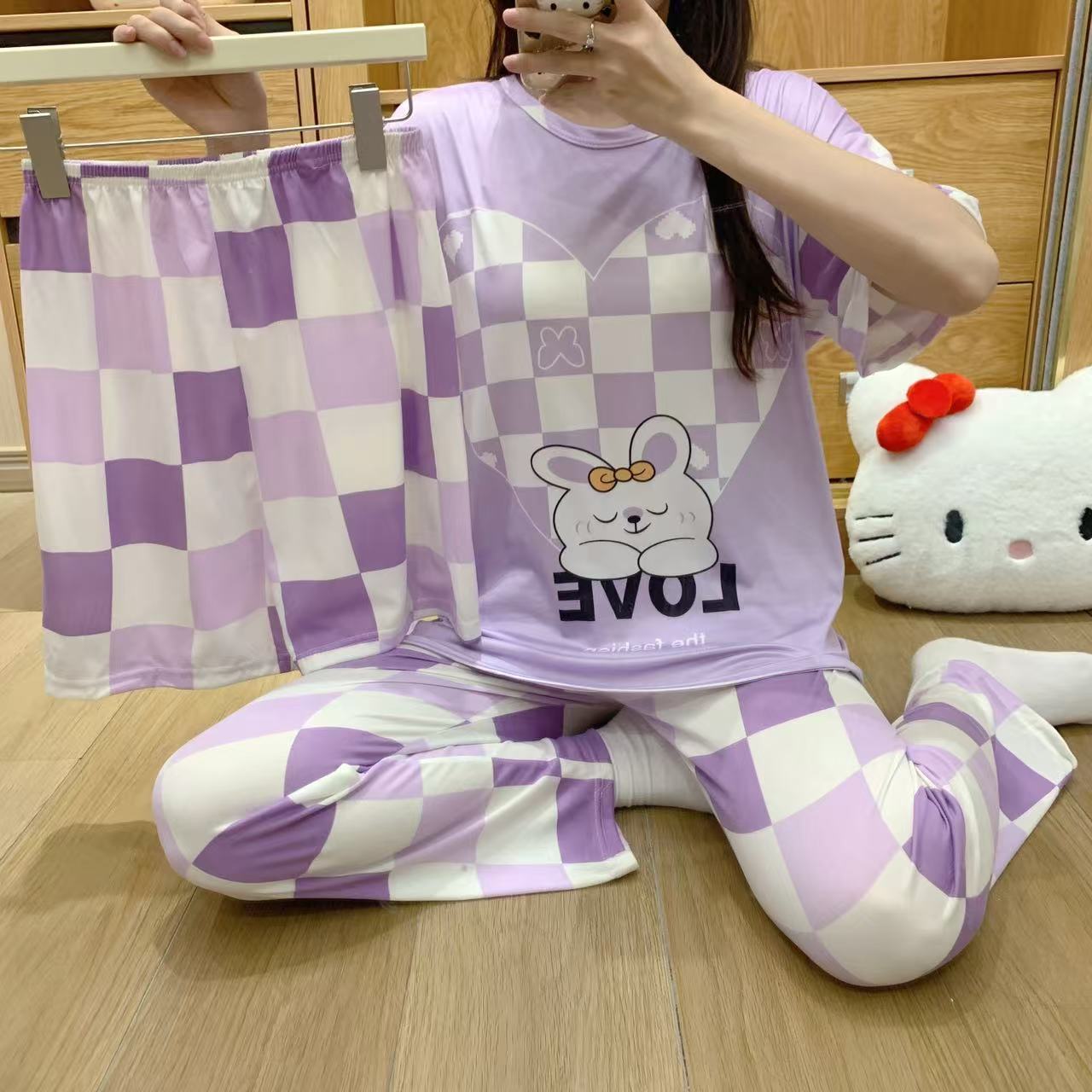 pajamas外贸工厂批发卡通夏季睡衣女短袖大码长裤三件套家居套装详情22