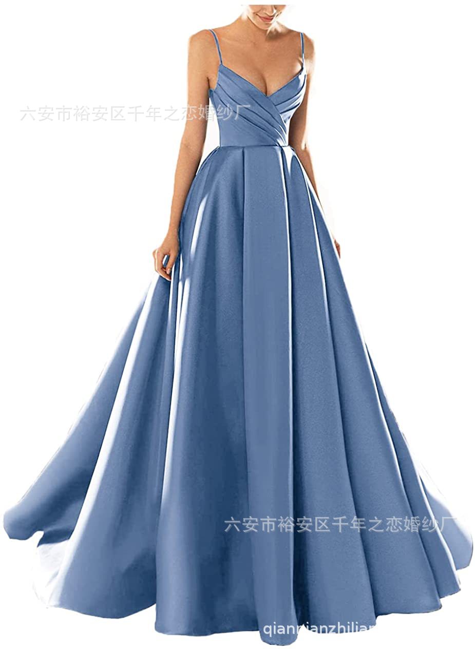 晚礼服欧美外贸2023新款春季中腰缎面粉色气质长款吊带宴会晚礼服详情20