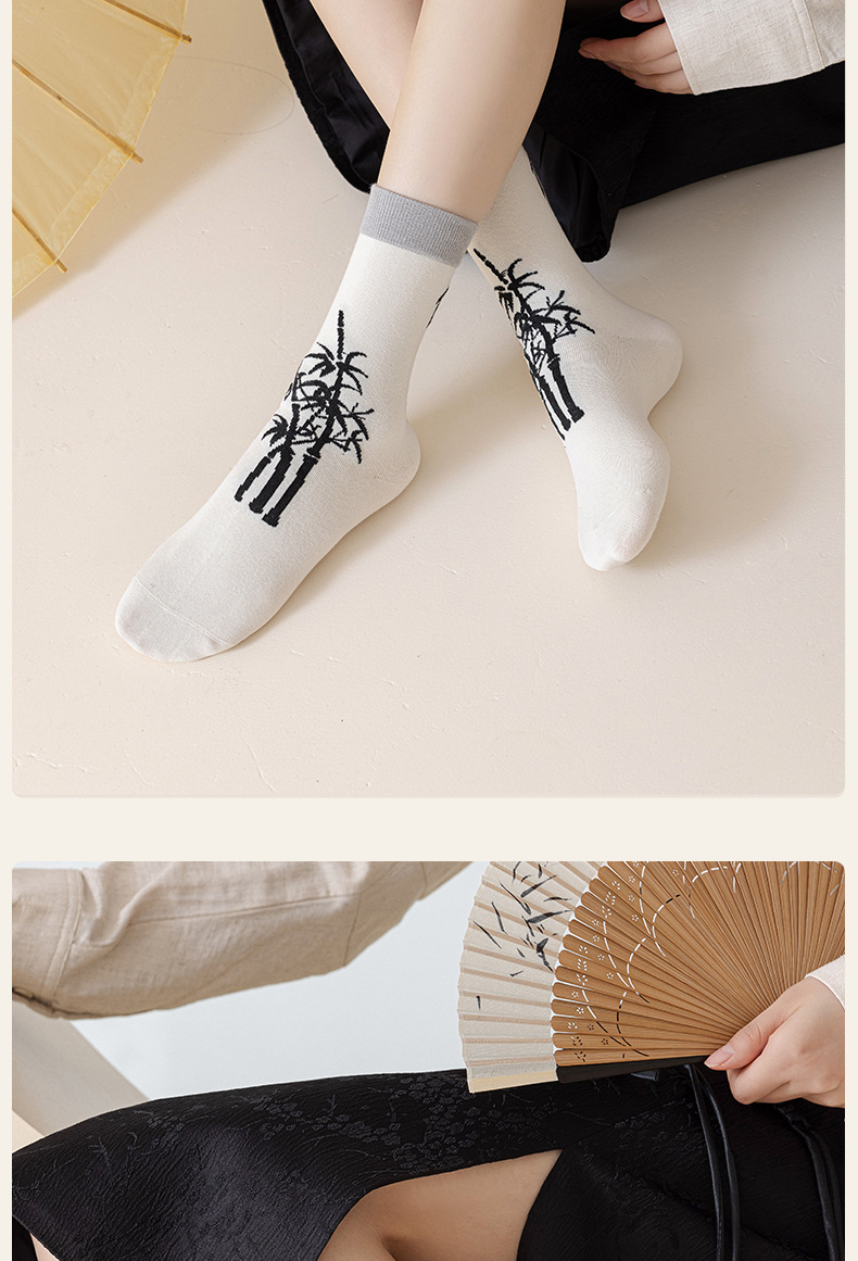 国潮阿程家批发袜子女春秋中国风新中式水墨画个性复古浮雕ins花边袜详情18