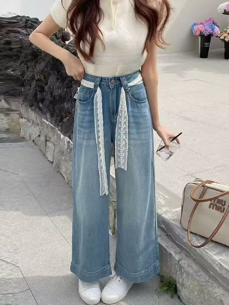 Loose, petite, high-waisted, slimming 9-inch straight-leg lace jeans for women in 2025, a trendy and retro wide-leg pants trend pic 5