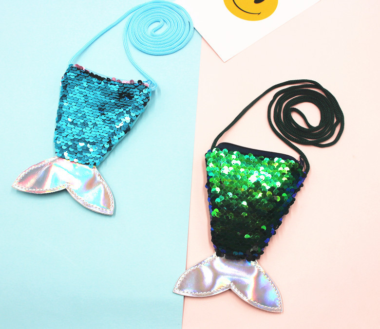 亮片美人鱼挂绳硬币包小钱包儿童斜跨小包鱼尾巴双色亮片零钱包女详情11