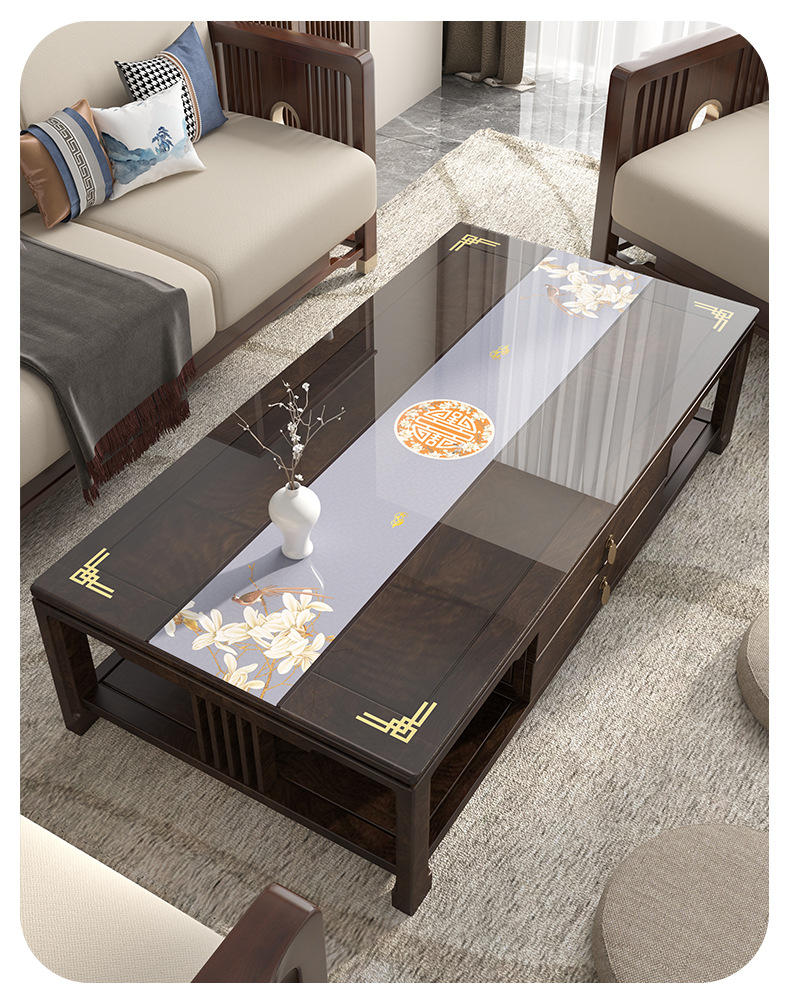 国潮新中式茶几垫古典中国风茶几桌布防水防油免洗pvc半透实木餐桌垫详情27