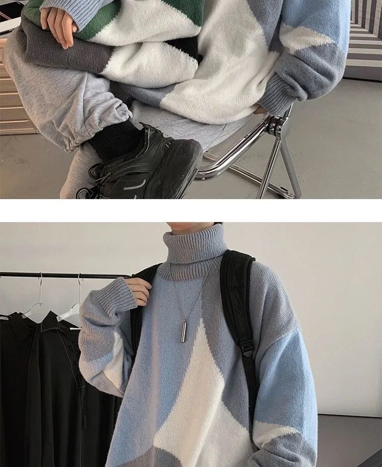 High-neck sweater for men, Hong Kong-style knitted sweater for both men and women, thick, trendy, loose and laid-back sweater for men in winter pic 4