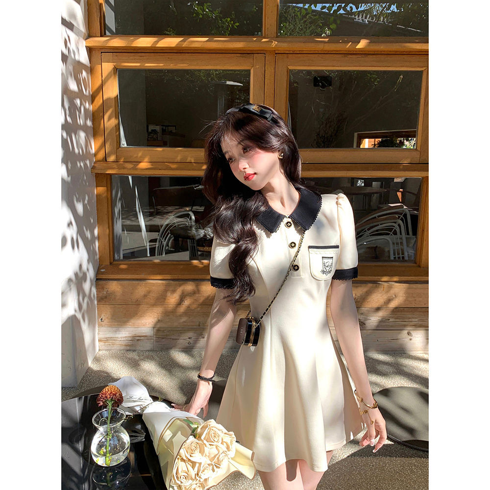 夏季新款设计感时尚POLO领短袖连衣裙女修身显瘦A子裙赫本风短裙详情18