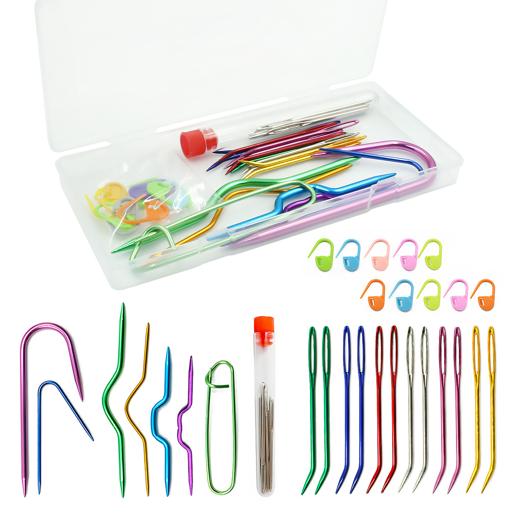 Cross-border boxed knitting tool set: Alumina twist needle, U-shaped needle, plastic marker buckle, sweater knitting curved needle pic 1
