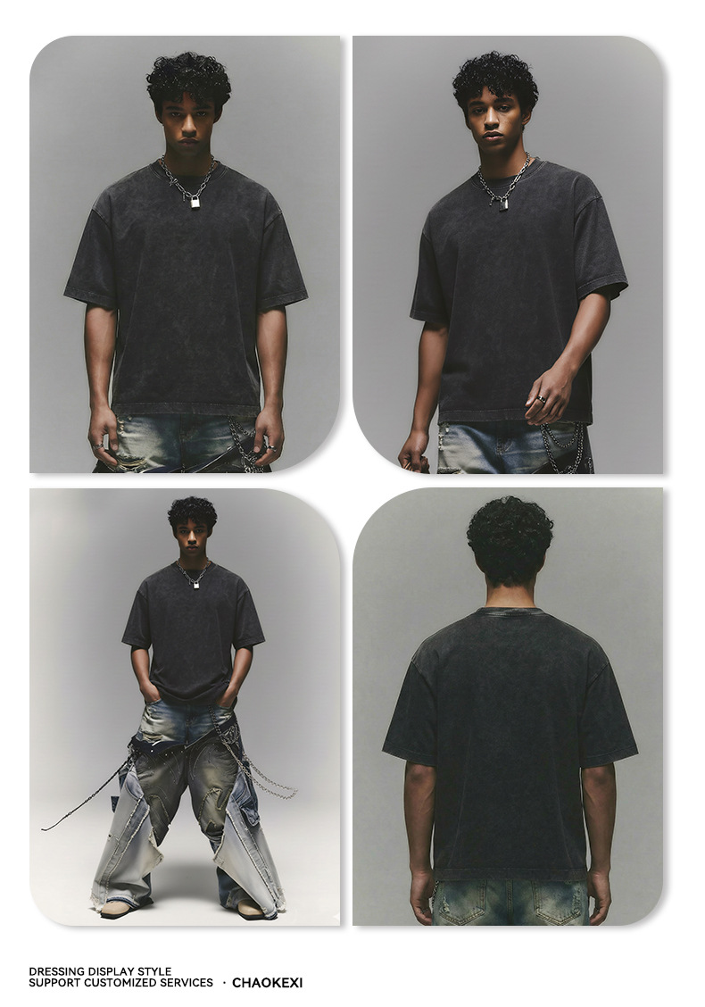 New pure cotton American-style solid-color youth T-shirt for men, 280g washed and aged trendy short-sleeved top custom-made pic 27