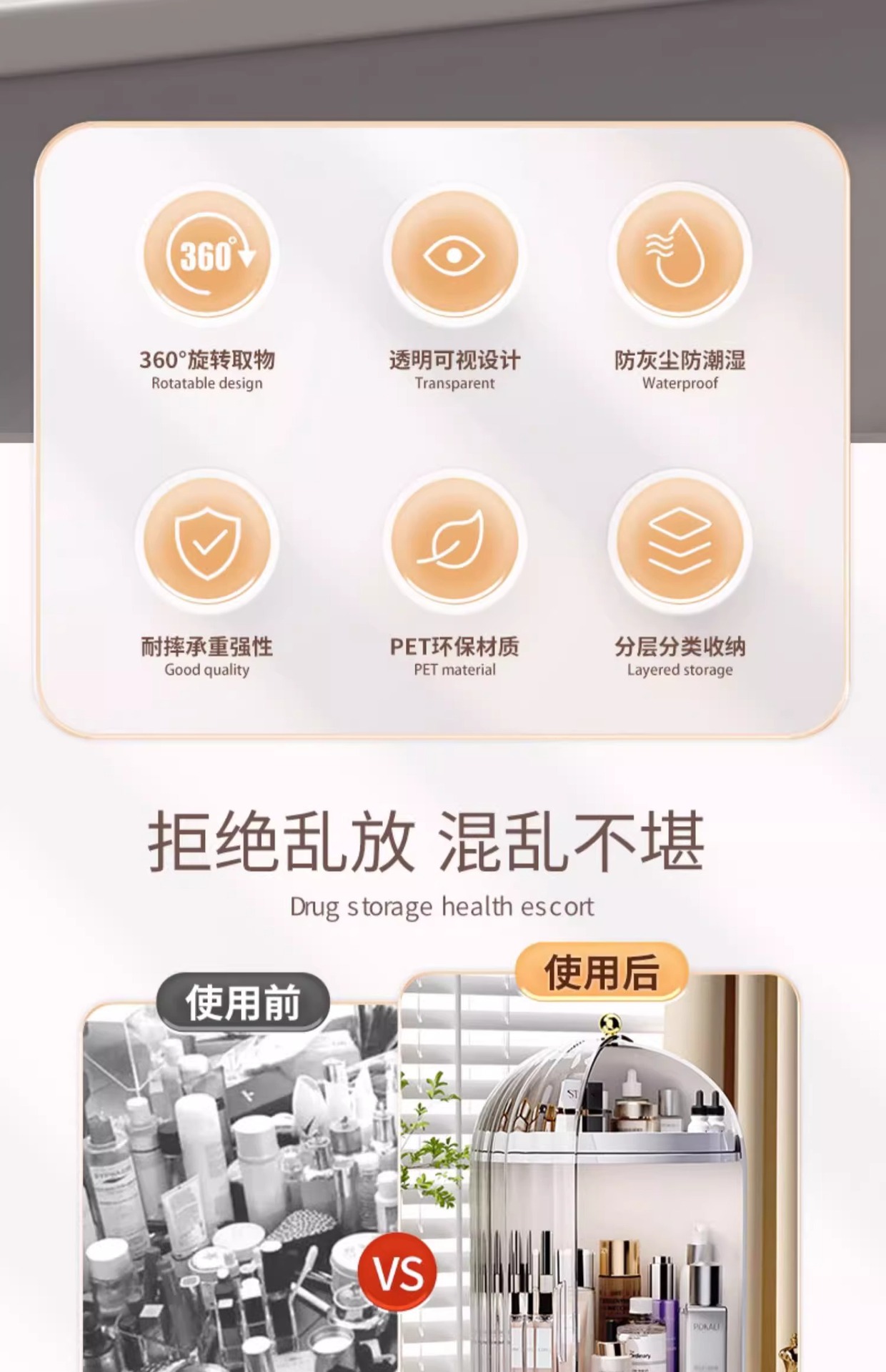 桌面化妆品收纳盒家用口红护肤品梳妆台透明防尘大容量旋转置物架详情3