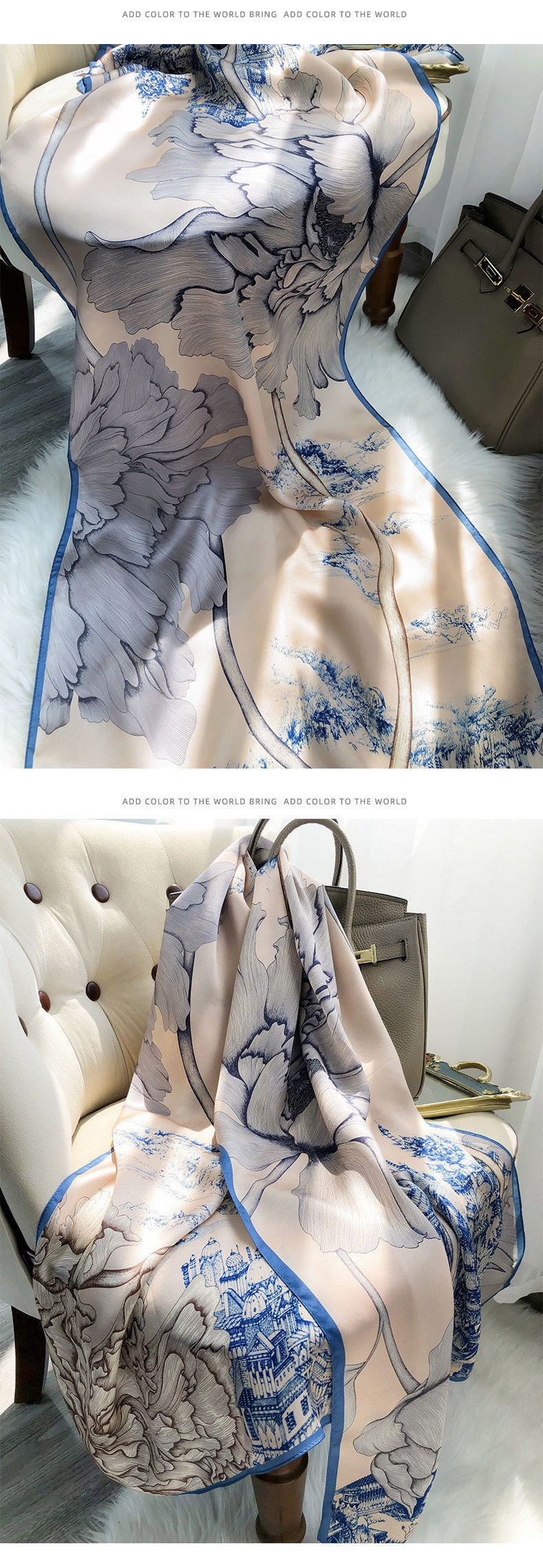 夏季仿真丝丝巾时尚高档大牌长巾防晒真丝丝巾批发围巾披风女夏天详情6