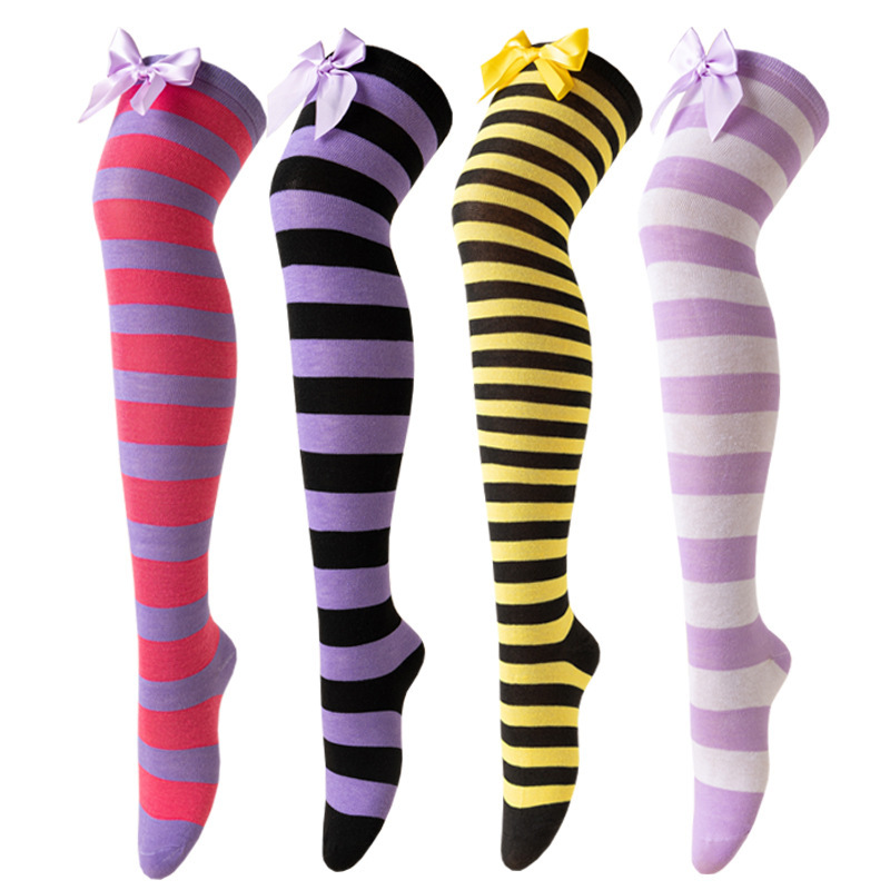 New European and American Halloween and Christmas knee-high socks, single-color striped thigh-high socks with bows, available in multiple colors pic 3