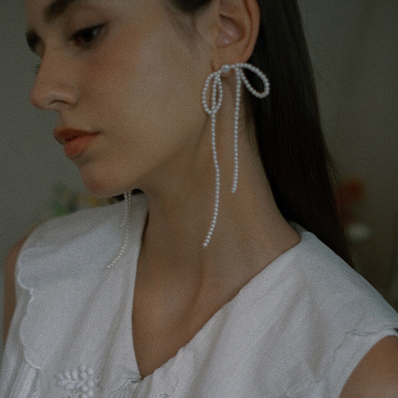 秋冬新手工编织款珍珠蝴蝶结耳钉女s925银针气质小众设计流苏耳环详情10